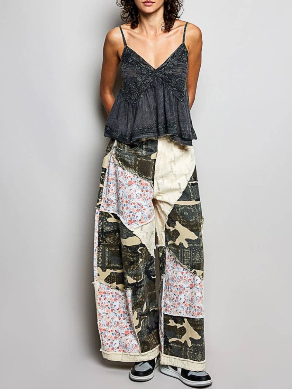 NWT POL Stripe Patch Back Elastic Band Twill High Rise Wide Pants Camo Multi